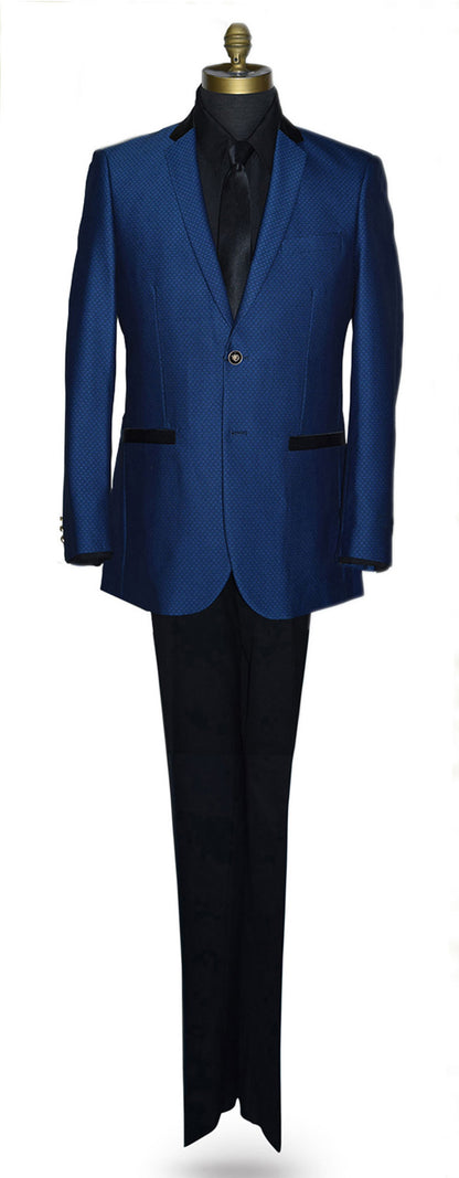 sapphire Blue suit jacket and black pants on a mannequin against a white background