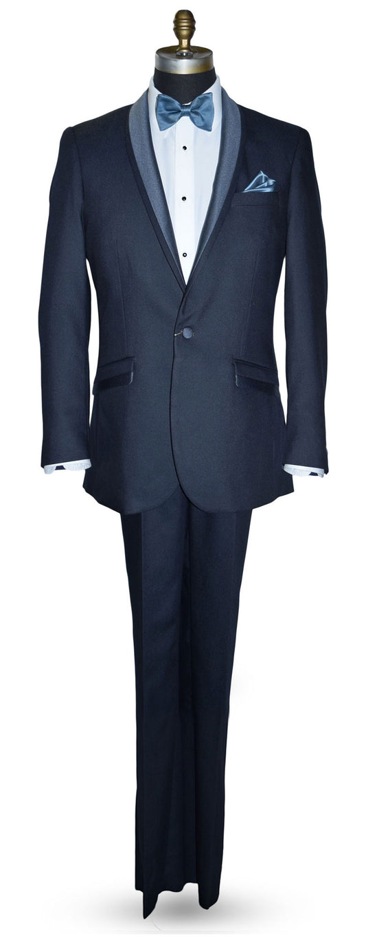 life size mannequin wearing a serene blue shawl collar tuxedo with a blue bowtie against a white background