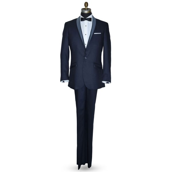 life size mannequin wearing a serene blue shawl collar tuxedo with a black skinny bowtie against a white background