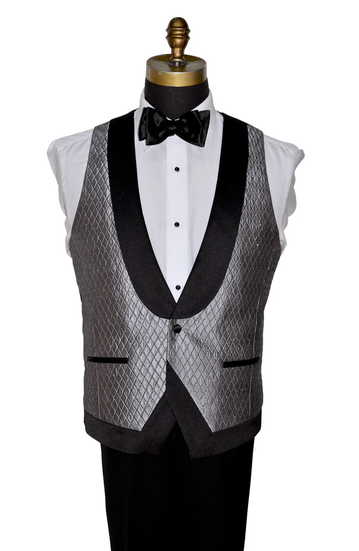 Silver-Gray patterned tuxedo vest with black trim on a mannequin against a white background