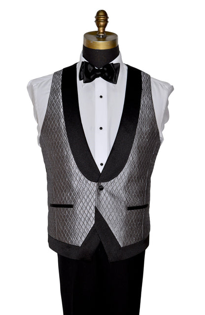 Silver-Gray patterned tuxedo vest with black trim on a mannequin against a white background