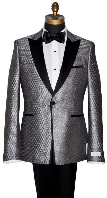 Silver-Gray Patterned tuxedo jacket with black lapels and a black satin tie yourself bowtie on a mannequin against a white background