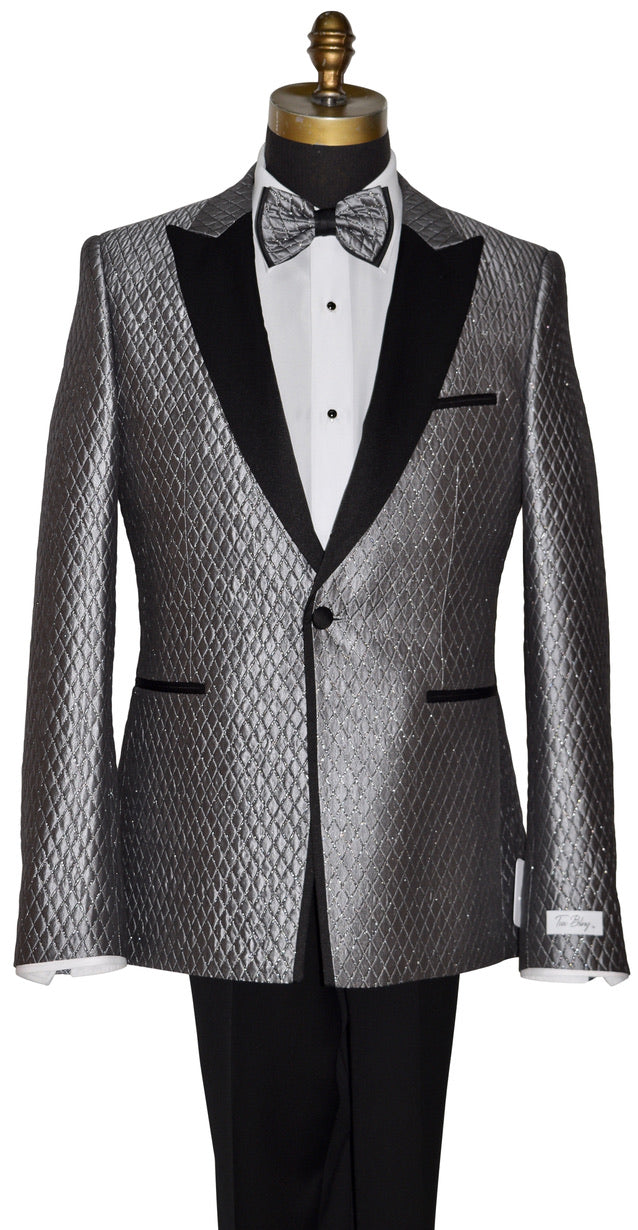 Silver-Gray Patterned tuxedo jacket on a mannequin with a white shirt and black bow tie.