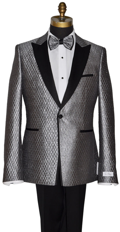 Silver-Gray Patterned tuxedo jacket on a mannequin with a white shirt and black bow tie.