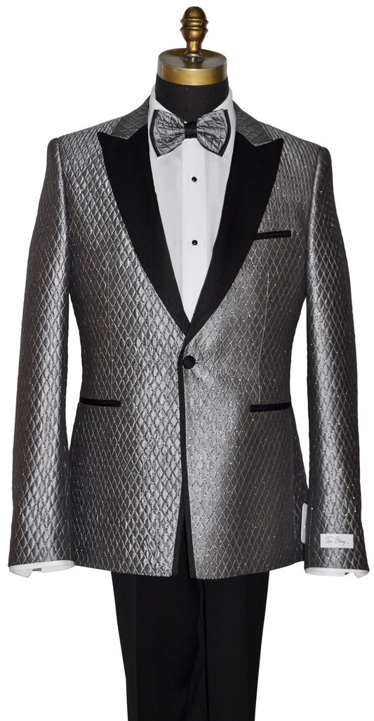Silver-Gray Patterned tuxedo jacket on a mannequin with a white shirt and black bow tie.