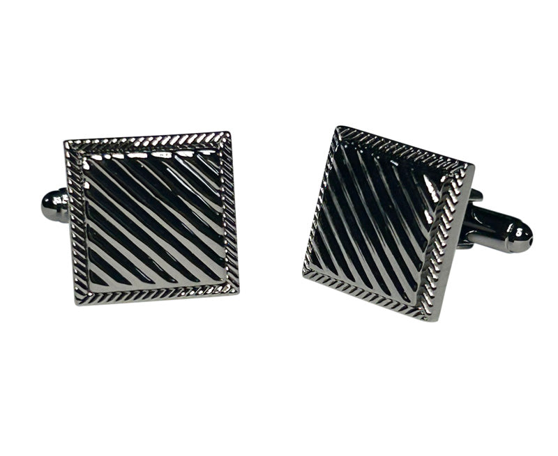gun metal silver striped square cufflinks on a white background
