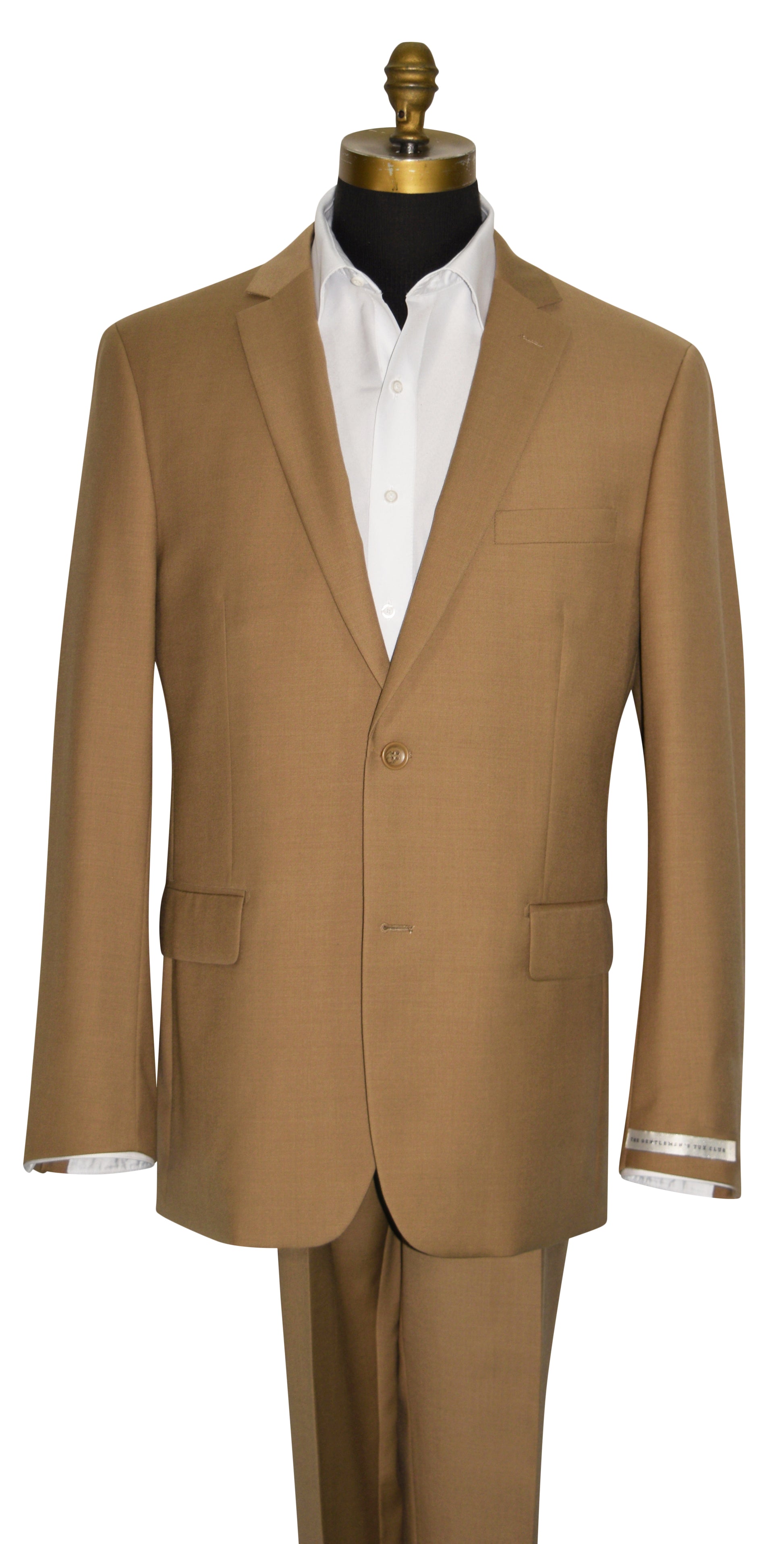 close-up front view- mannequin wearing a men's sunset tan wool suit with a white dress shirt against a white background