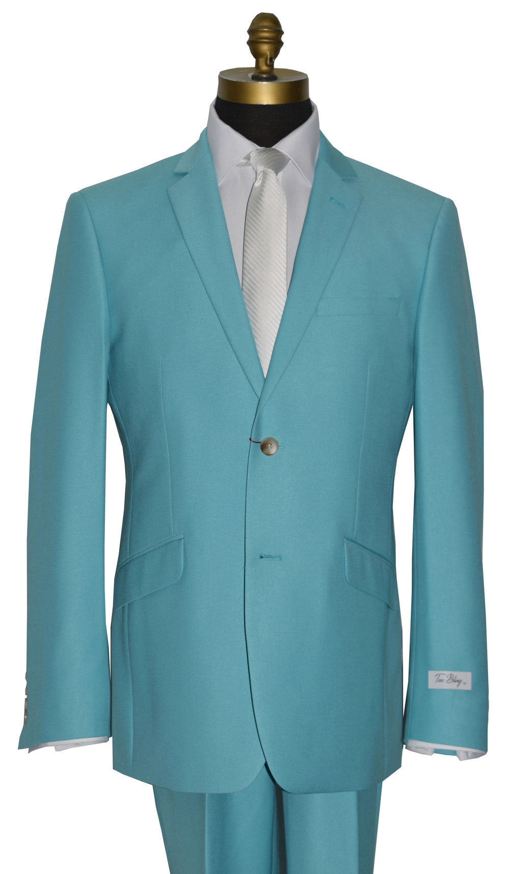 close up of tiffany blue suit with a long white dress tie on a mannequin against a white background