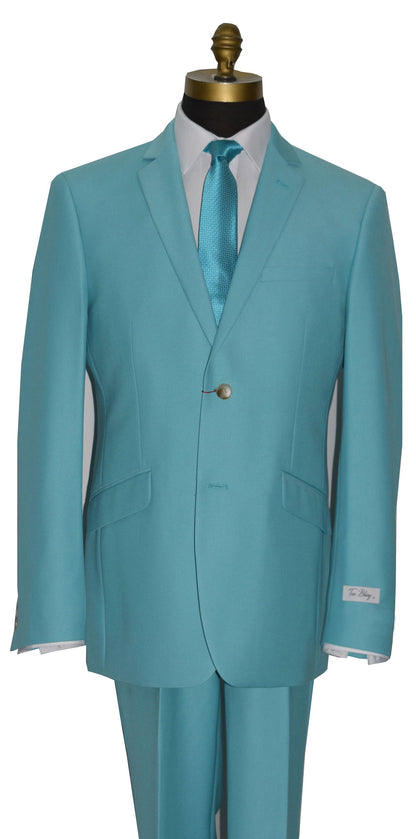 close-up of a mannequin wearing a tiffany blue suit with tiffany blue dress tie against a white background