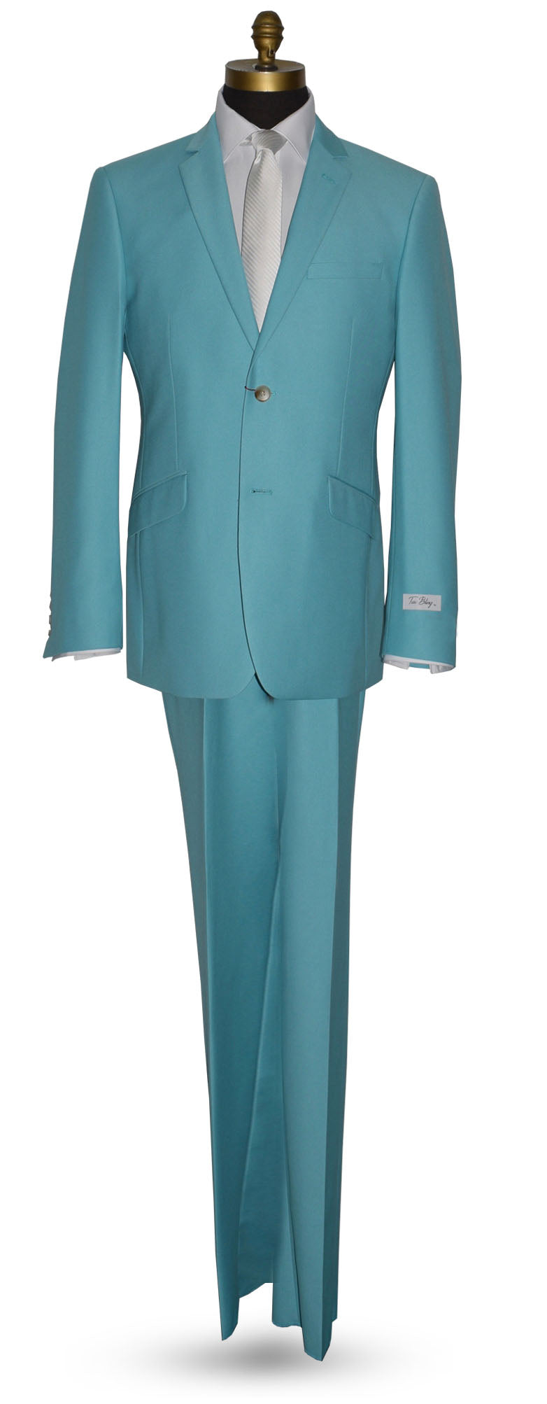 Tiffany blue suit on a mannequin against a white background