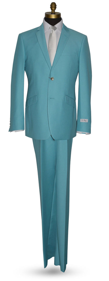 Tiffany blue suit on a mannequin against a white background