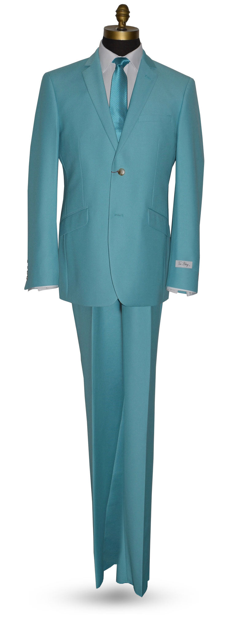 Mannequin wearing a tiffany blue suit with tiffany blue dress tie against a white background