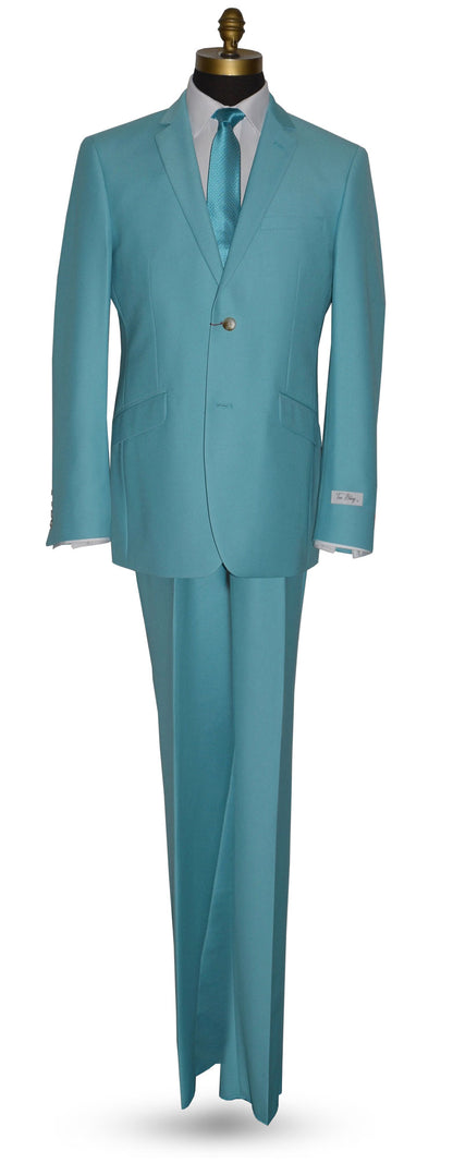 Mannequin wearing a tiffany blue suit with tiffany blue dress tie against a white background