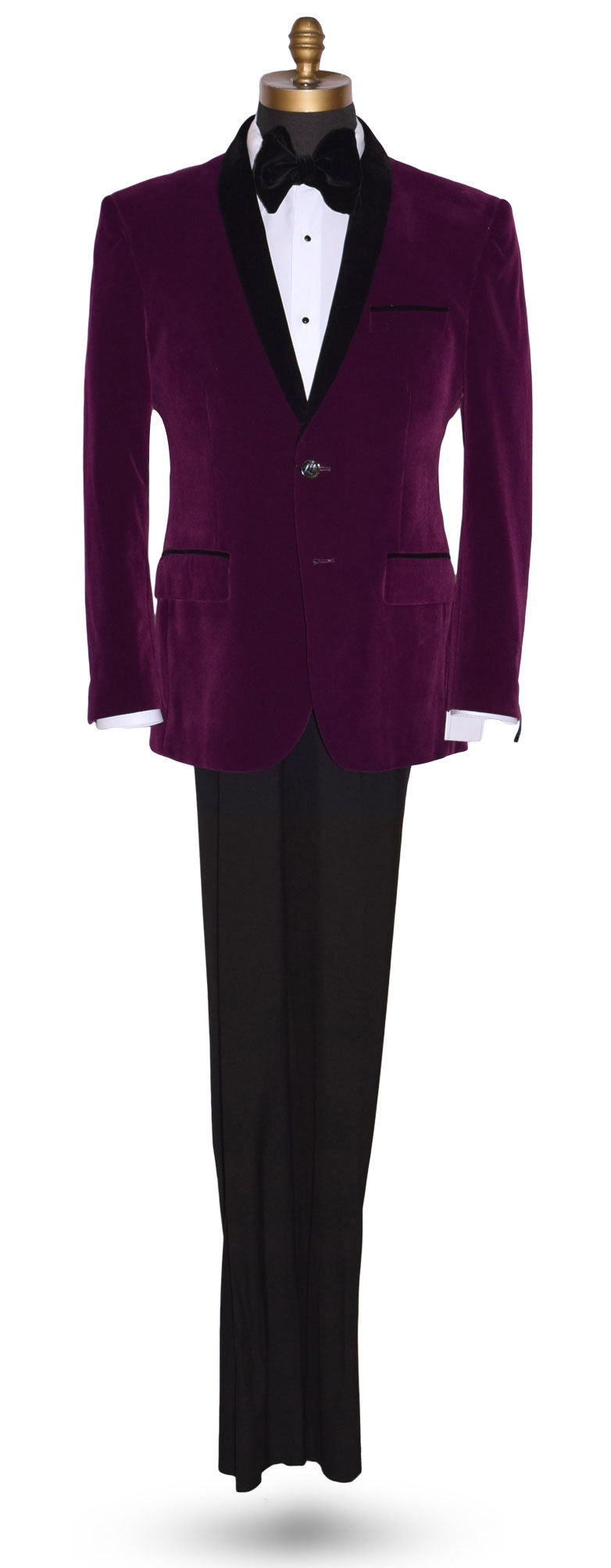 Purple velvet shawl collar tuxedo jacket with black lapels on a mannequin against a white background