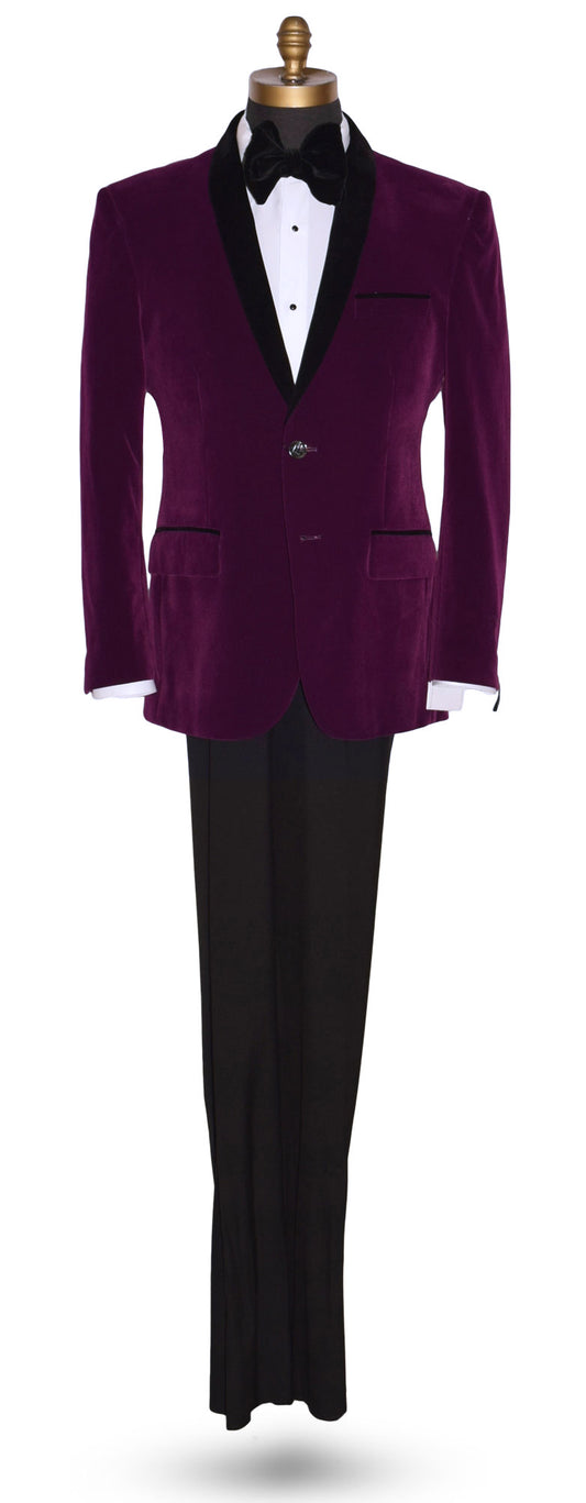 Purple velvet shawl collar tuxedo jacket with black lapels on a mannequin against a white background