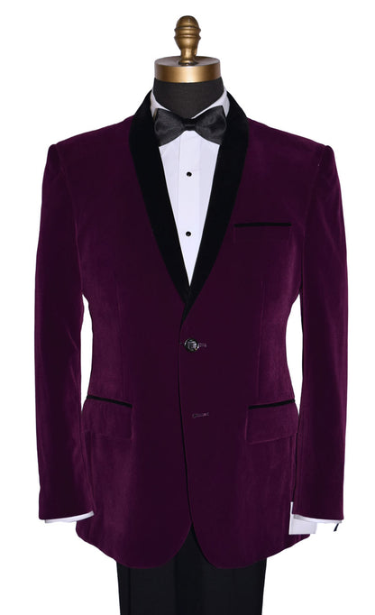 Purple tuxedo jacket with black lapels on a mannequin against a white background