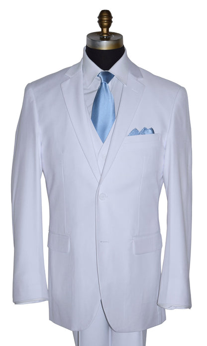 close-up mannequin wearing a mens White suit with a baby-blue satin necktie on a mannequin against a white background