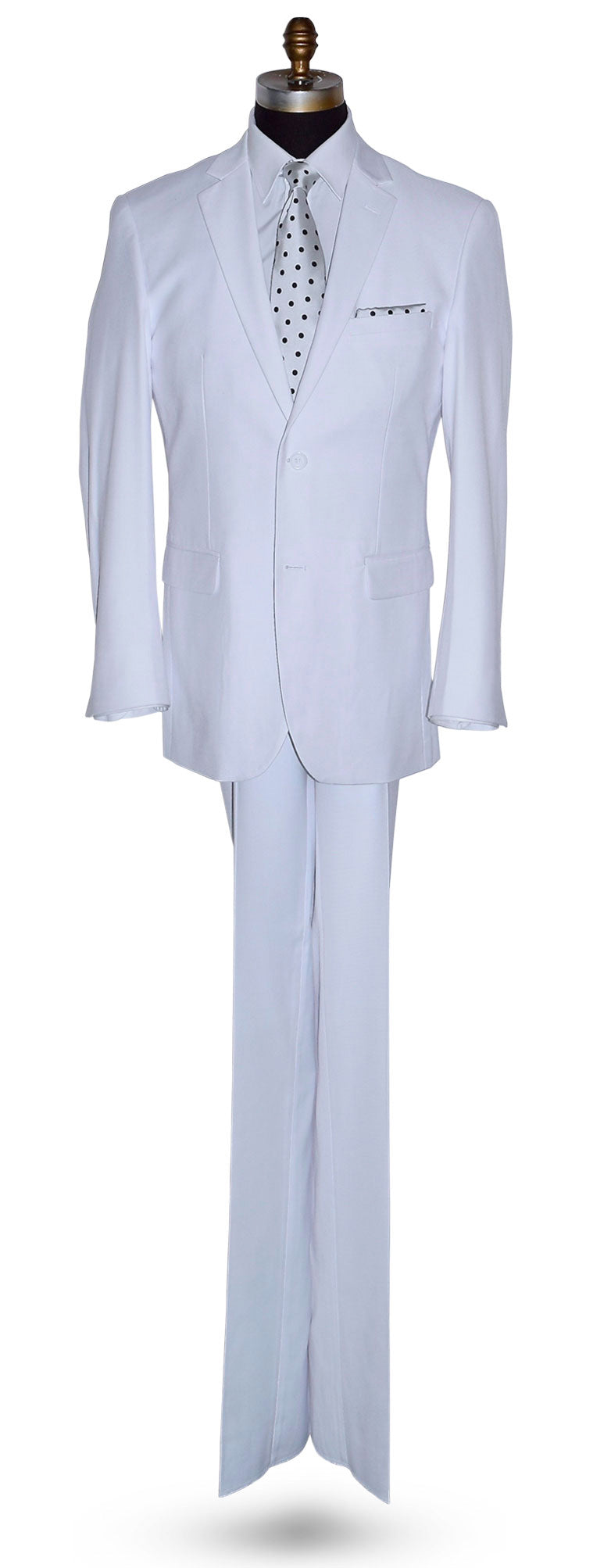 life size mannequin wearing a mens white suit with a white and black polka-dot satin necktie on a mannequin against a white background