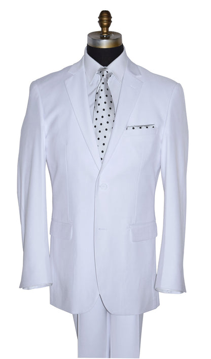close-up mannequin wearing a mens white suit with a white and black polka-dot satin necktie on a mannequin against a white background