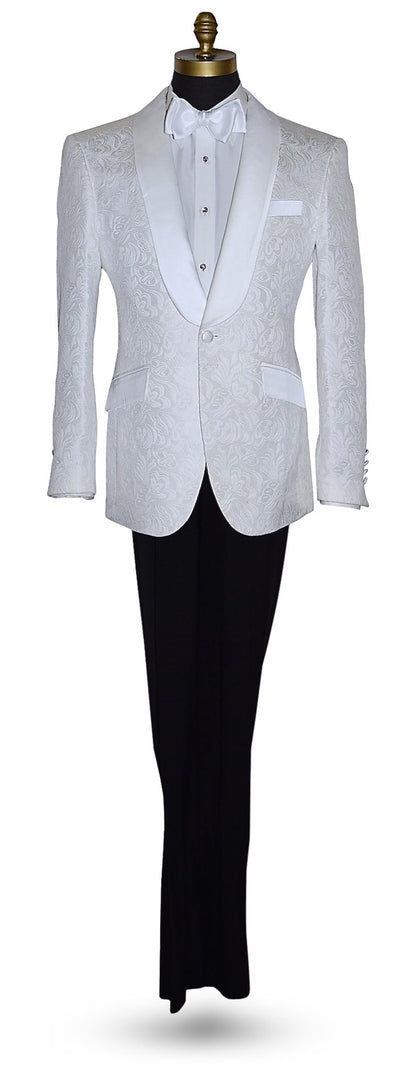 life size mannequin wearing a white brocade tuxedo jacket with a white bowtie and black pants against a white background