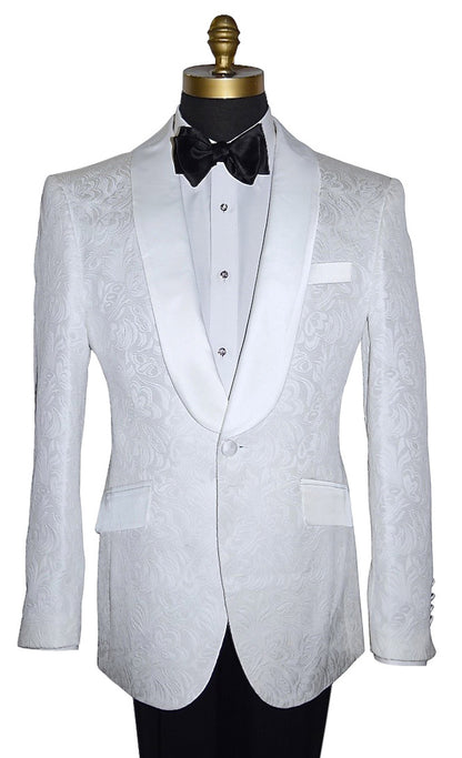 close-up mannequin wearing a white brocade tuxedo jacket with a black bowtie and black pants against a white background 
