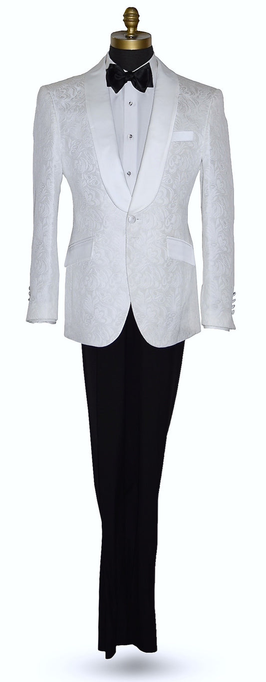 life size mannequin wearing a white brocade tuxedo jacket with a black bowtie and black pants against a white background