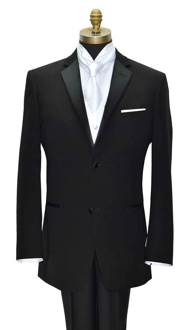 Black notch-lapel tuxedo with white shirt and white low-sheen necktie on a mannequin against a white background