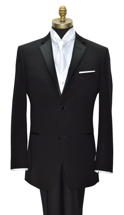 Black notch-lapel tuxedo with white shirt and white low-sheen necktie on a mannequin against a white background