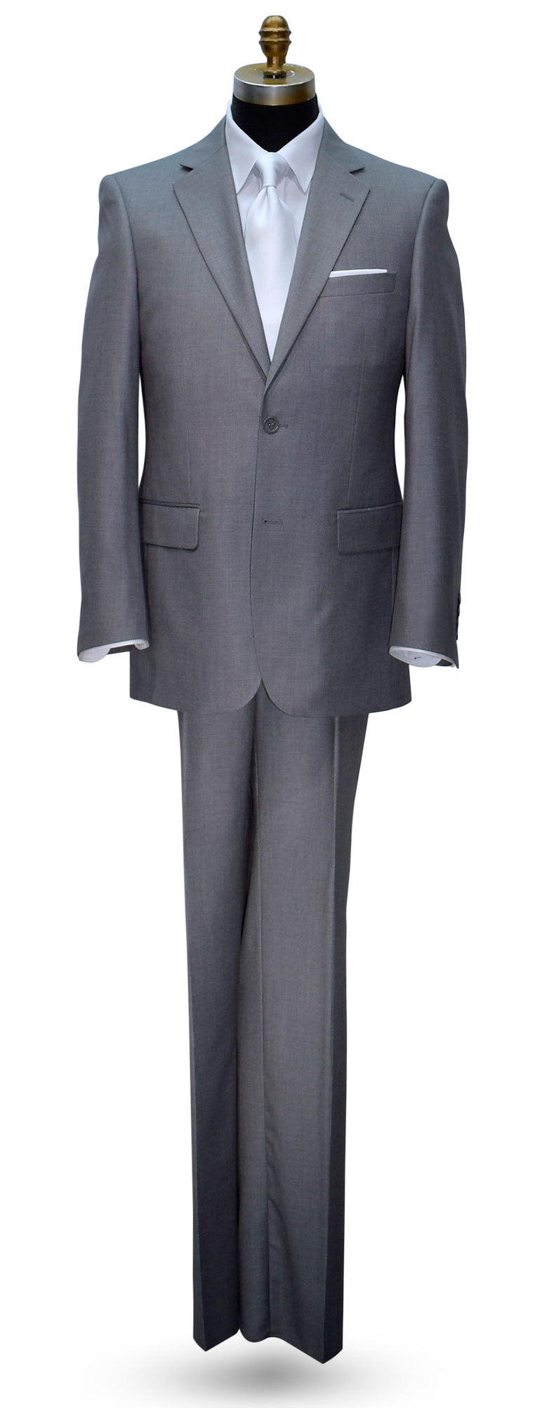 life size mannequin wearing a gray man's suit with a white shirt and white low sheen necktie against a white background
