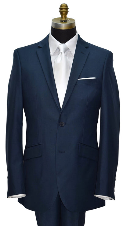 close-up Navy blue suit on a mannequin with white shirt on and white low-sheen necktie against a white background