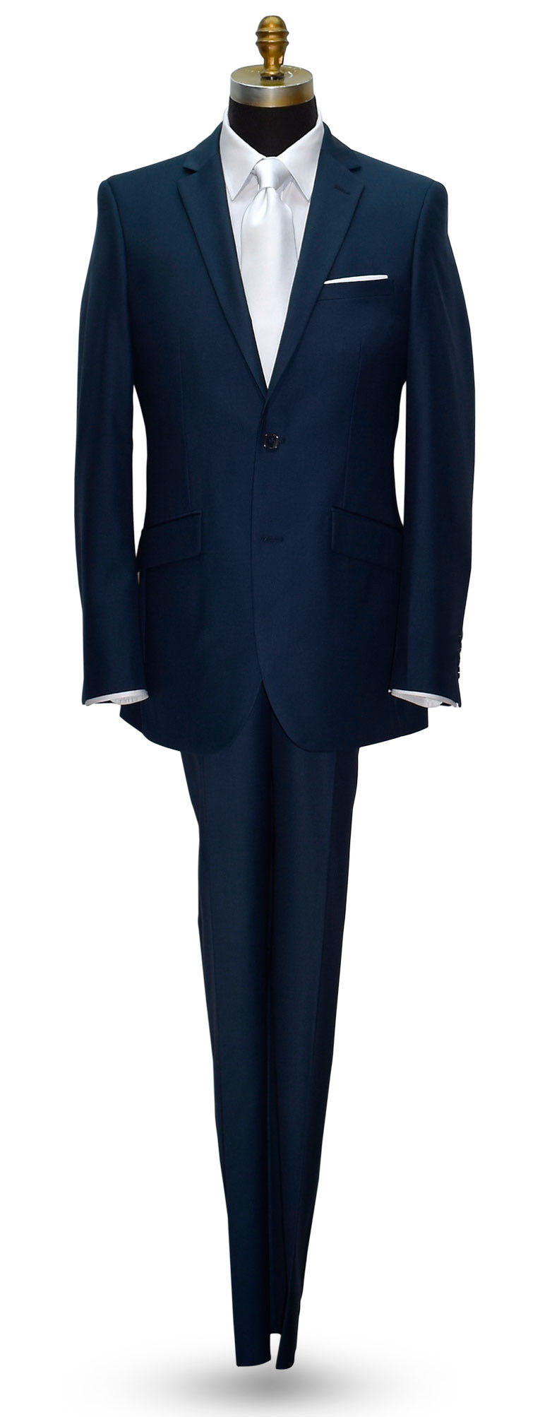 life size mannequin wearing a Navy blue suit with white shirt and white low-sheen necktie against a white background