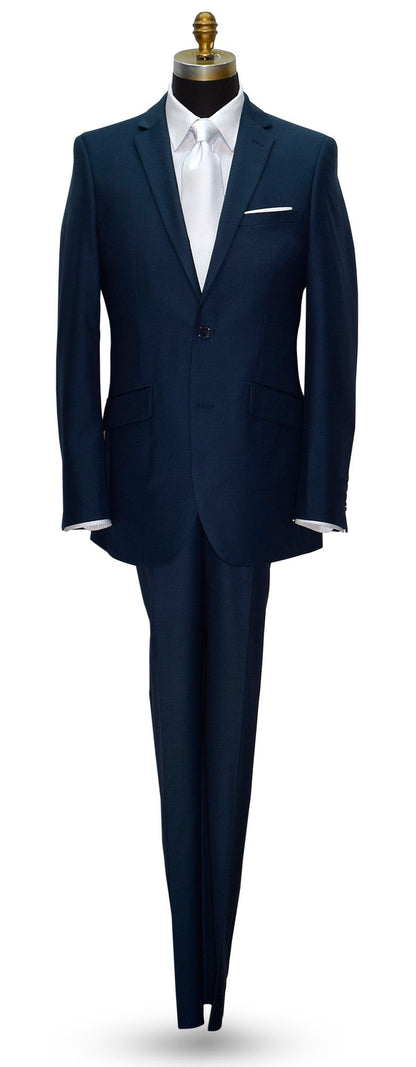 life size mannequin wearing a Navy blue suit with white shirt and white low-sheen necktie against a white background