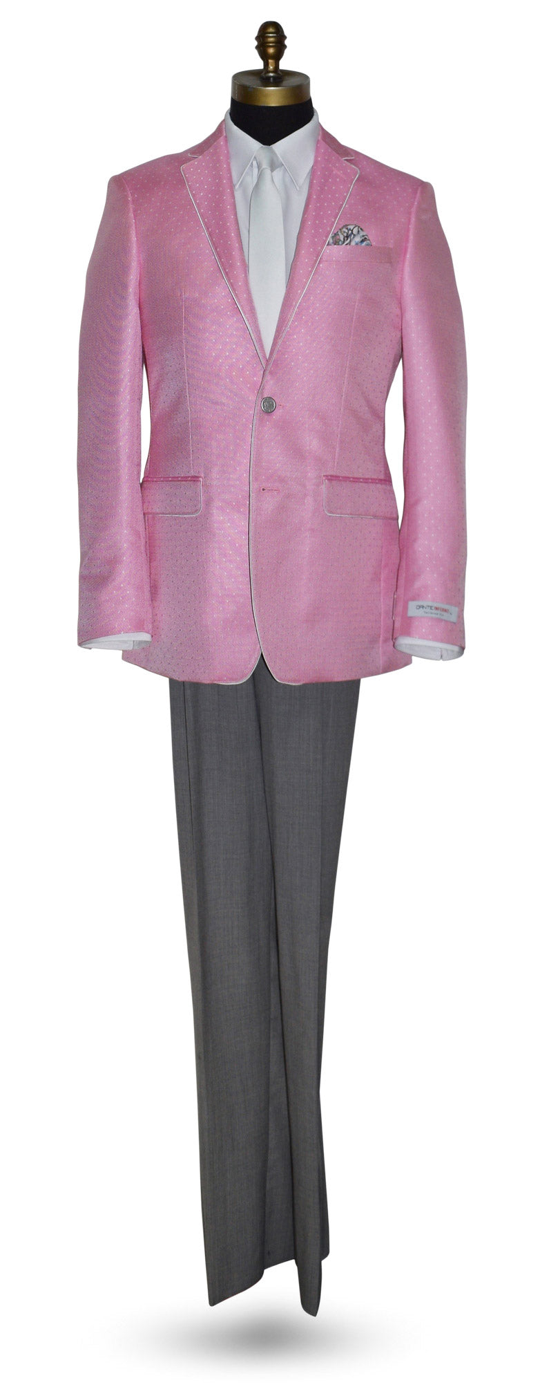 life size mannequin wearing pink blazer with white trim with a "Dante Inferno" branded label with a white shirt and a white skinny low-luster satin necktie against a white background