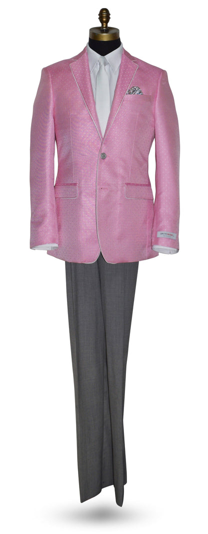 life size mannequin wearing pink blazer with white trim with a "Dante Inferno" branded label with a white shirt and a white skinny low-luster satin necktie against a white background