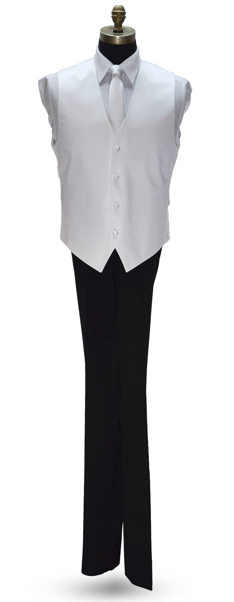 White dress shirt with a white satin vest and a white necktie with subtle stripe on a mannequin against a white background