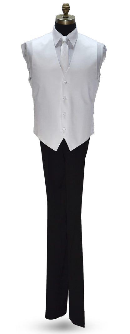 White dress shirt with a white satin vest and a white necktie with subtle stripe on a mannequin against a white background