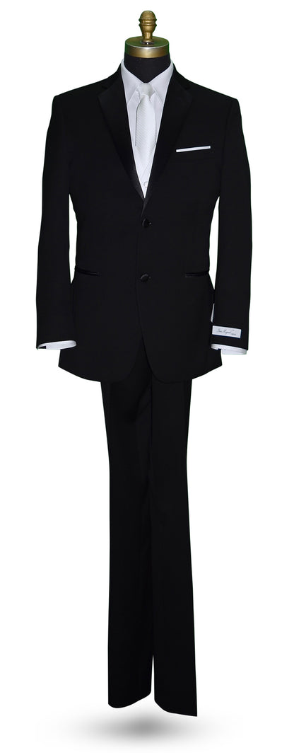 life size mannequin black tuxedo with "San Miguel Especial" branded label wearing a white vest and white long necktie with subtle stripe against a white background