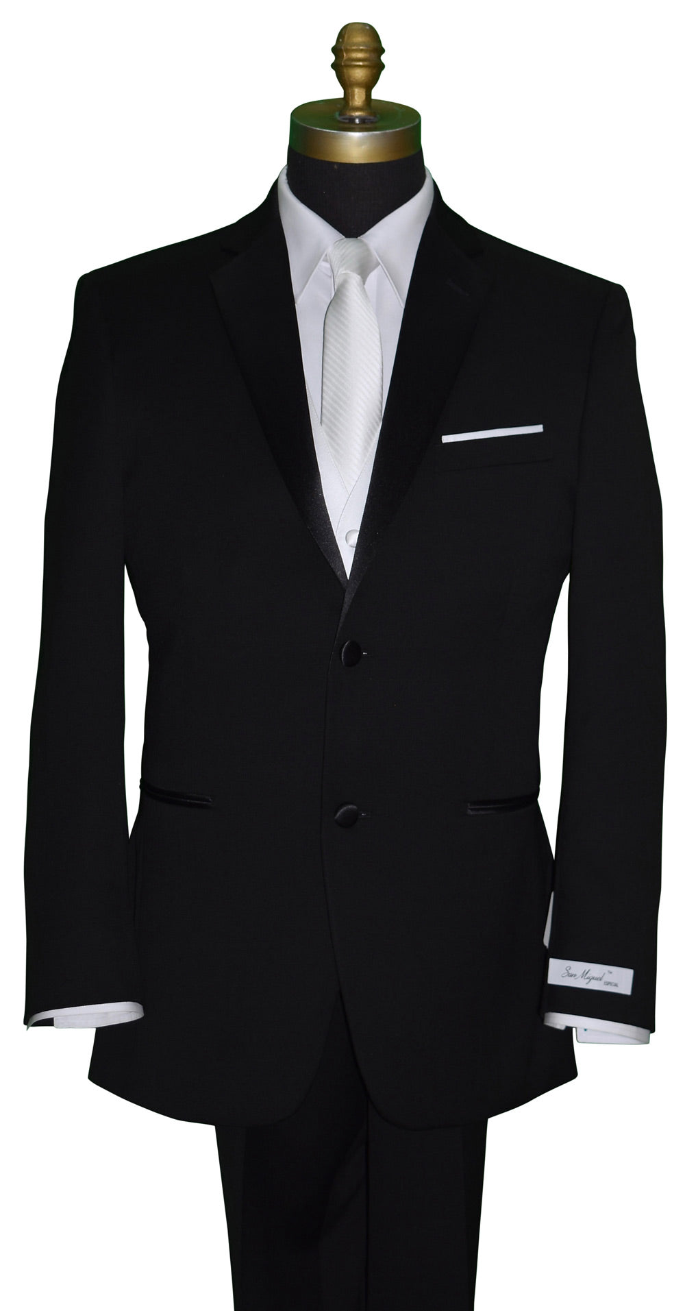 mannequin black tuxedo with "San Miguel Especial" branded label wearing a white vest and white long necktie with subtle stripe against a white background