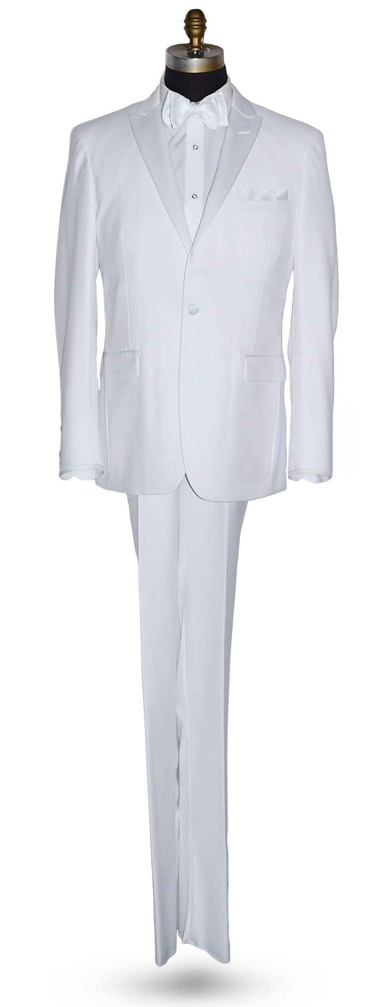 life size mannequin wearing white peak lapel tuxedo with white "tie-yourself" bow tie and pocket square on a white background