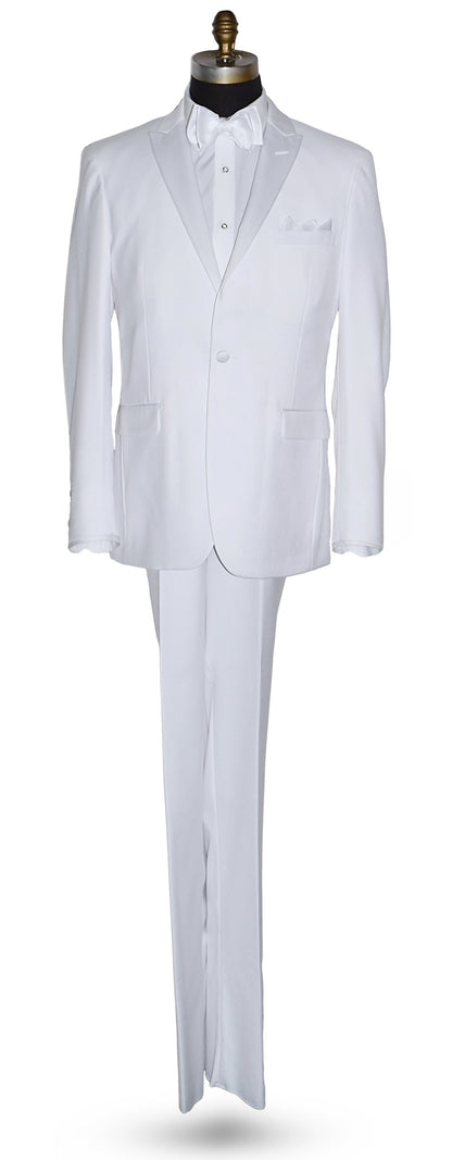 life size mannequin wearing white peak lapel tuxedo with white "tie-yourself" bow tie and pocket square on a white background