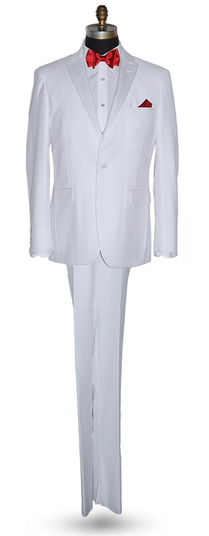 life size mannequin wearing white peak lapel tuxedo with red bow tie and pocket square on a white background