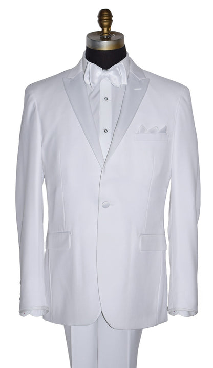 close-up mannequin wearing white peak lapel tuxedo with white "tie-yourself" bow tie and pocket square on a white background
