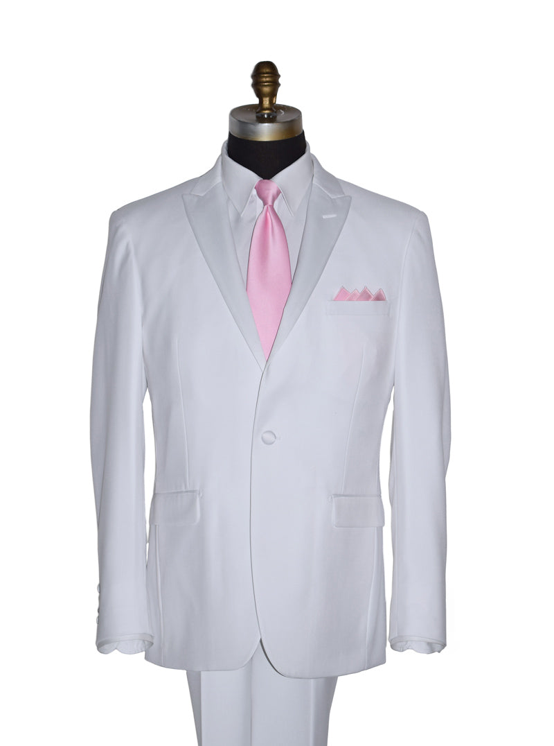 life size mannequin wearing white peak lapel tuxedo with mens long pink necktie and pocket square on a white background