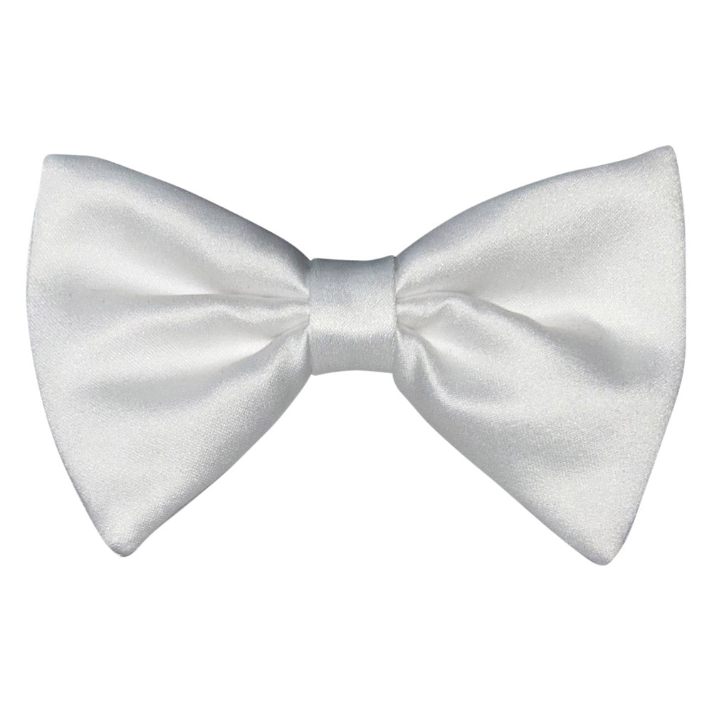 White satin bow tie that measures 3 inches tall at ends against a white background