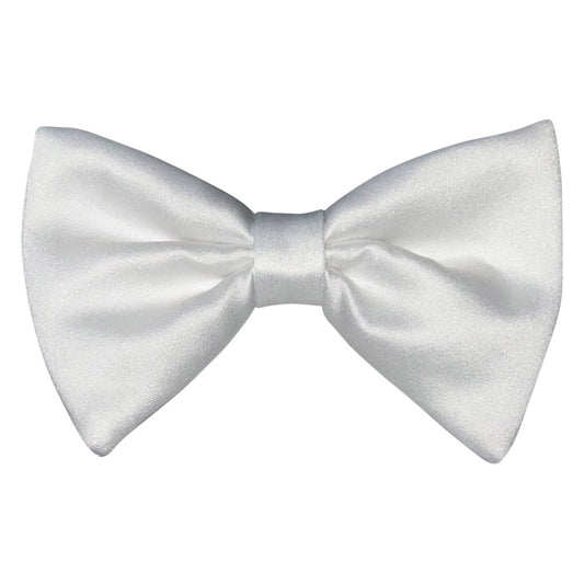 White satin bow tie that measures 3 inches tall at ends against a white background