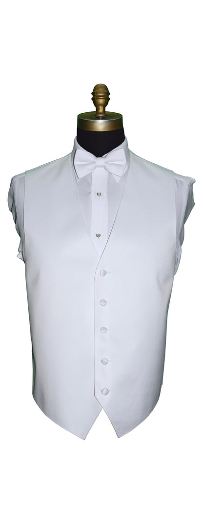 White satin tuxedo vest on a mannequin with a white shirt and bow tie against a white background