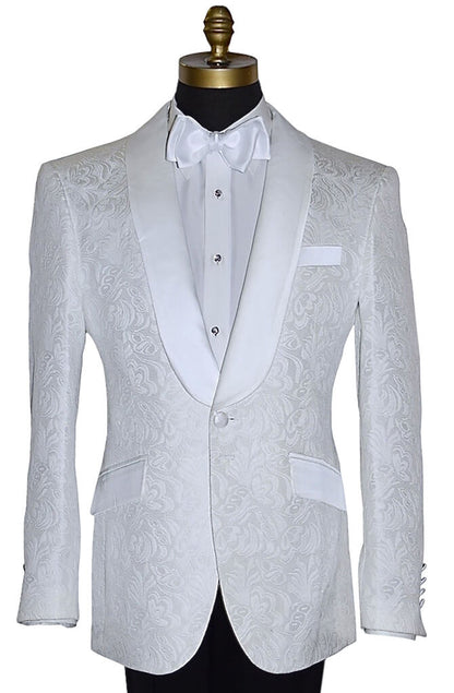close-up front view White tuxedo jacket with floral pattern on a mannequin with a white "self-tie" bowtie against a white background