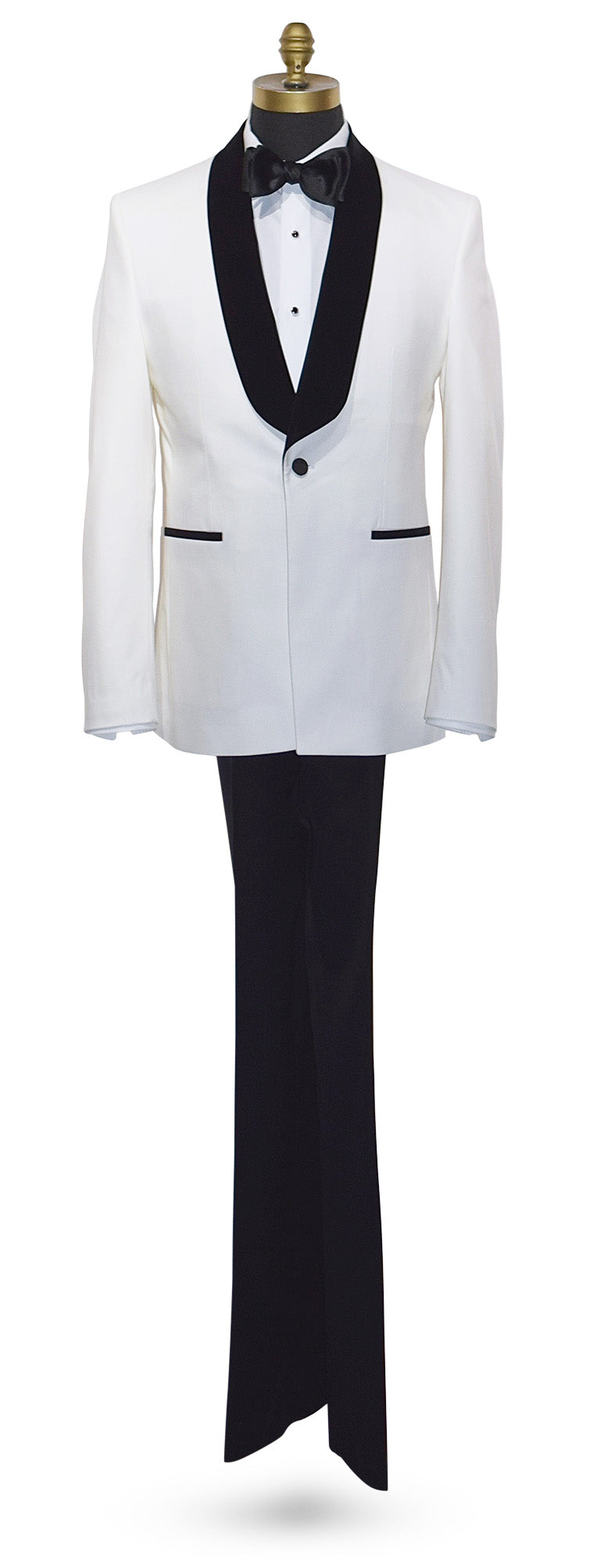 full length White tuxedo with black velvet shawl collar lapels and bow tie on a mannequin against a white background