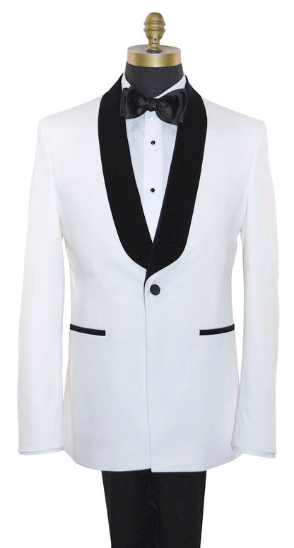White tuxedo with black velvet shawl collar lapels and bow tie on a mannequin against a white background