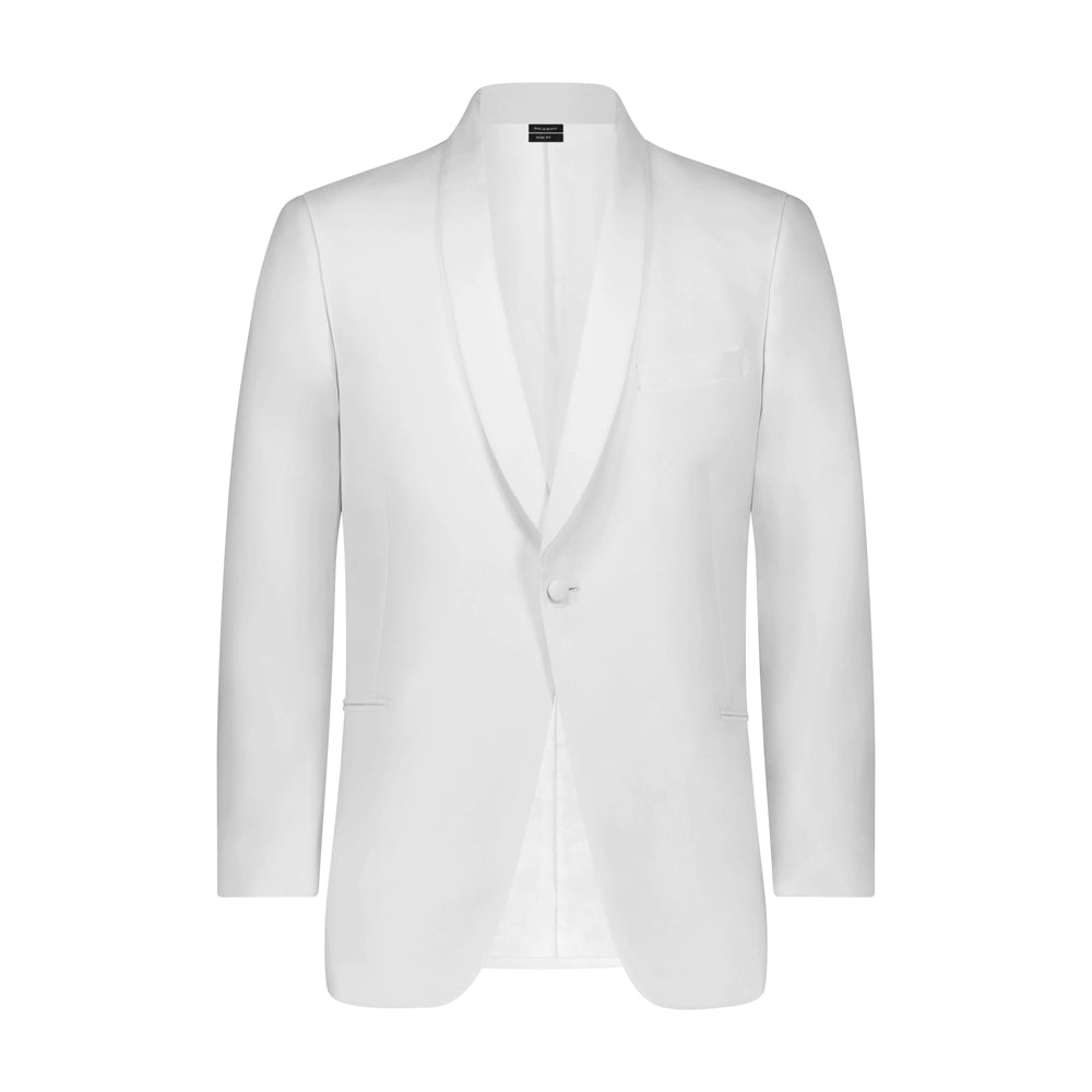 Close-up photo of a White shawl collar dinner jacket against a white background.